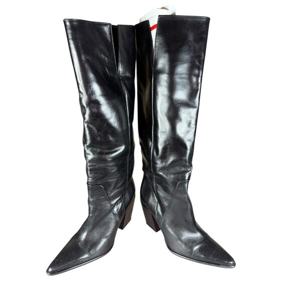 ZARA Leather Knee High Pull-On Boots Black Block Heel Made in Spain 6.5 - Picture 7 of 11